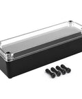 Rugged IP67 Waterproof Junction Box With Clear Top And Drop Dead Tough ABS Shell showing the black enclosure with screws.