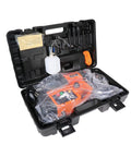 Badass Magnetic Drill Press With 1.8 Inch Boring Cap And 1700 Watt Variable Speed Motor in a black carrying case with accessories.