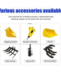 Various attachments for Versatile Backhoe Loader With Customizable Attachments For Digging Excavation And Loading On Farms And Construction Sites A Flexible All In One Earth Moving Powerhouse For Real World Jobs showing digging bucket, breaker hammer, shovel, rake bucket, spiral drill, and wood grabber on white background.