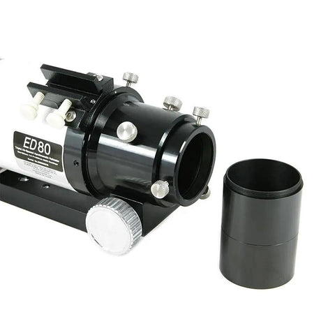Close-up of 80mm Triplet Refractor Telescope With ED Glass And Air-Spaced Apochromatic Design focuser and accessory attachment