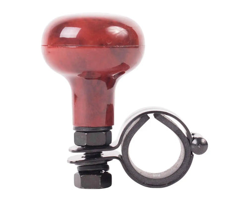 Woodgrain Steering Wheel Spinner Knob Universal Fit For All Vehicles showing side view of woodgrain knob and metal clamp