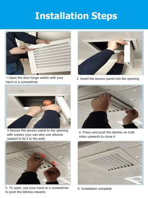 Installation steps for Heavy Duty Aluminum Alloy Louvered Air Return Vent Cover With Waterproof Ceiling Wall Grill and No Sweat Filter Removal.