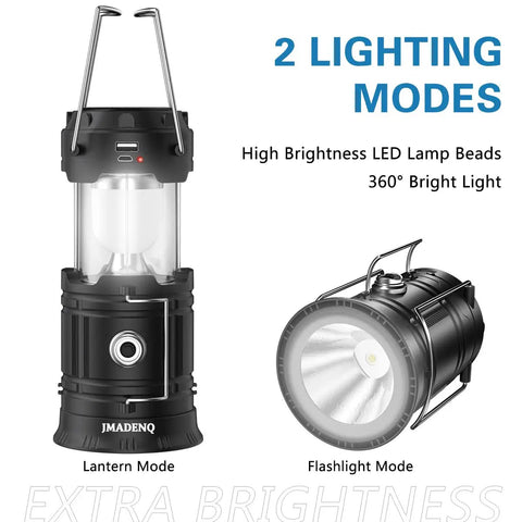 Solar USB Rechargeable Lanterns for Camping and Emergency Prep showing lantern and flashlight modes