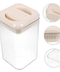 Keep Your Morning Grind Staying Dope And Fresh Inside This Space Saving Airtight Canister With A Tight Seal Lid For Easy Kitchen Stashing And Quick Cleanup, clear plastic jar with beige lid.