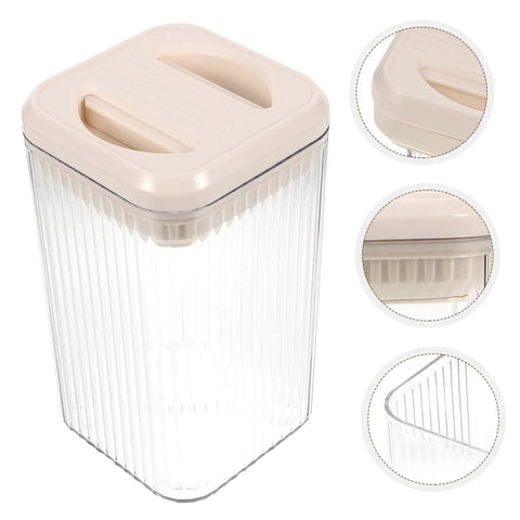 Keep Your Morning Grind Staying Dope And Fresh Inside This Space Saving Airtight Canister With A Tight Seal Lid For Easy Kitchen Stashing And Quick Cleanup, clear plastic jar with beige lid.