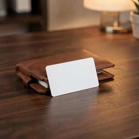 Heavy Duty 50 Piece Set Blank White Pvc Id Cards Dual Sided Printable With Smart Chip Access resting on a brown wallet.