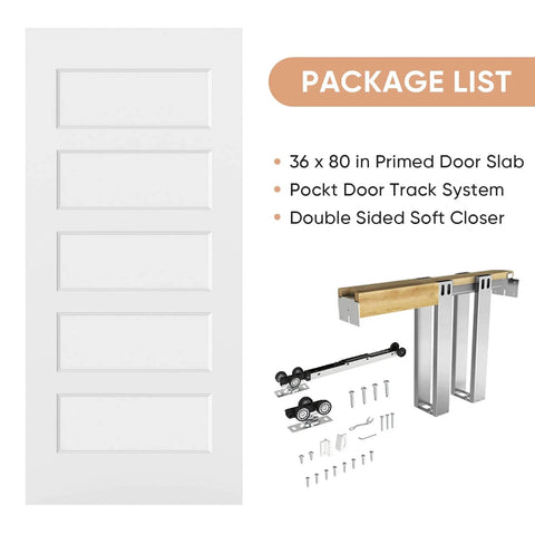 36 By 80 Inch Sliding Pocket Door Kit With Track Hardware And Frame, White Paintable Door Slab Included, Soft Close Mechanism