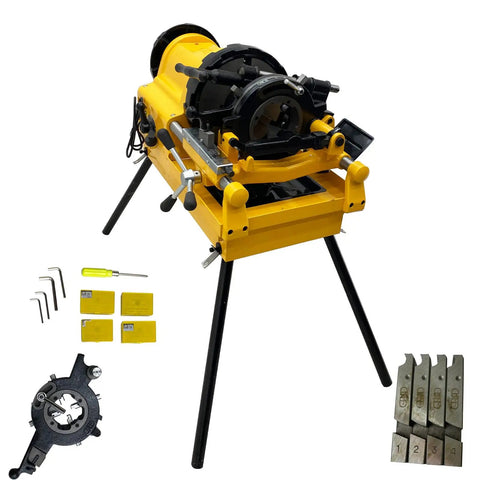 Heavy Duty Electric Pipe Threader Machine With Npt And Bspt Dies For Half To Four Inch Pipe 750 Watt 220v Motor showing tools and attachments.