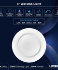 Infographic of 4 Inch LED Disk Lights 6 Pack, Dimmable 10W Ceiling Fixtures, Color Tunable 2700K To 5000K, highlighting features.