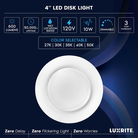 Infographic of 4 Inch LED Disk Lights 6 Pack, Dimmable 10W Ceiling Fixtures, Color Tunable 2700K To 5000K, highlighting features.