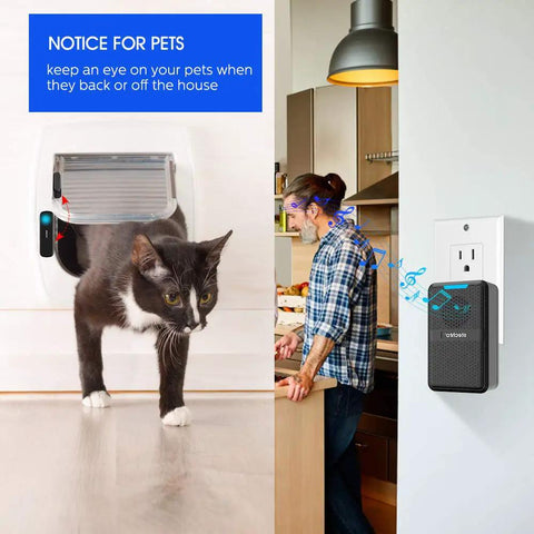 Wide Range Dope Wireless Door Chime System With 600 Ft Coverage used in home setup with pet door and alert receiver.