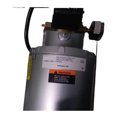 Heavy Duty One-Color 1HAE-11T-M104X Oil-Free Air Compressor motor side view with warning labels and manufacturer details.