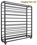 Solid Heavy Duty Adjustable Metal Fabric Roll Storage Rack Featuring Twenty Sturdy Crossbars on wheels for easy mobility.