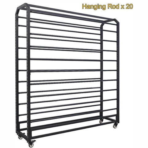 Solid Heavy Duty Adjustable Metal Fabric Roll Storage Rack Featuring Twenty Sturdy Crossbars on wheels for easy mobility.