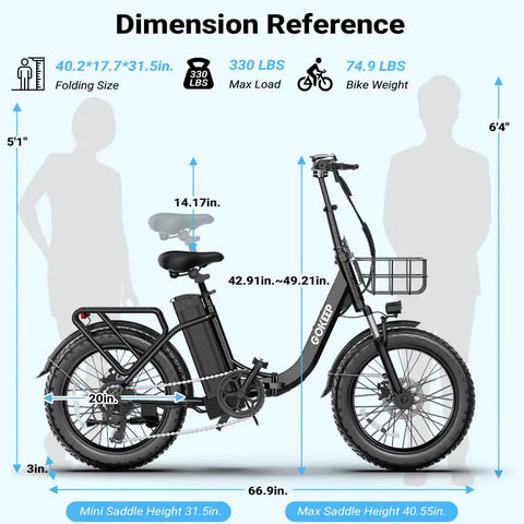 Folding Electric Bike With 1300W Peak Motor For Crushing Hills, 75 Mile Pedal Assist Range, Removable 52V 13Ah Battery dimensions shown