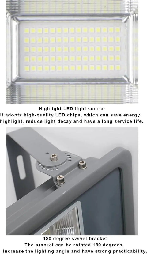 JUDYSSY 150-800W Led Flood Light Outdoor showing LED light chips and 180-degree swivel bracket design for enhanced lighting.