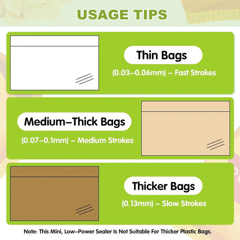Usage tips for Rechargeable 2 In 1 Bag Sealer With Cutter, Portable Handheld Food Sealer, suitable for different bag thicknesses.