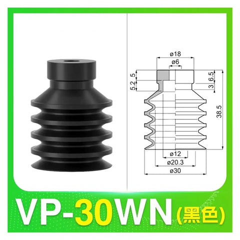 Top Rated 5 Pcs VP10~50 Series Vacuum Sucker Silicone Nozzle Set Precision Fit VP-30WN black silicone nozzle dimensioned for automation.