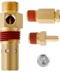 Brass air compressor check valve kit with 1/2 in MNPT threads and three unloader tube fittings (front view)