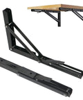 Rock Solid 8 Inch Folding Shelf Brackets With Hardcore Load Rating For Diy Space Saving Wall Mount Shelves Max Weight 410 Lb shown in black steel with flat folding feature.