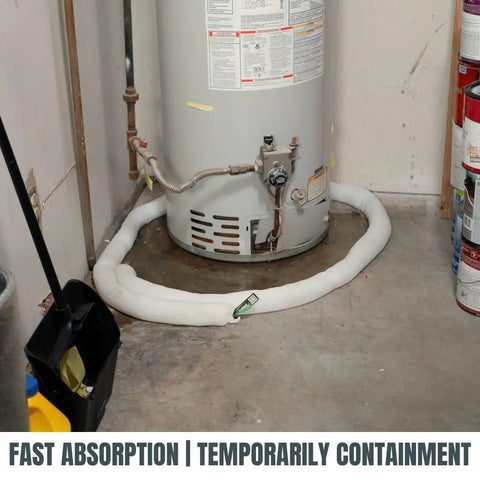 Water heater with containment sock from 8 Gallon Liquid Spill Response Kit With Absorbent Powder, Containment Socks And Mats Portable