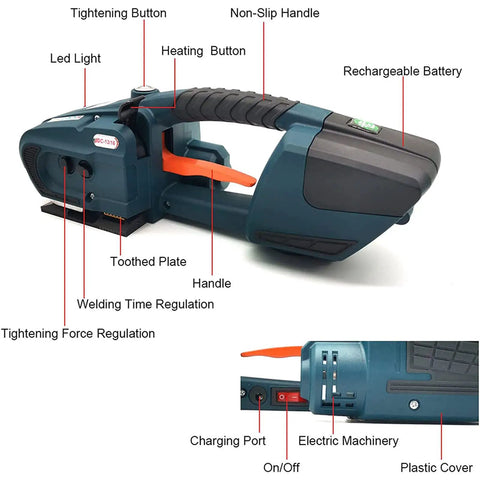 Heavy Duty Electric Welding Strapping Tool For PP PET Bands with battery, buttons, non-slip handle and electric machinery features.