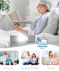 Adjustable Bed Rails For Seniors With Motion Lights And Storage Pocket, woman reading in bed with lighted rail.