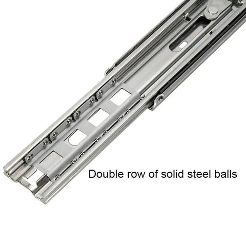 Close-up of Beefed Up Heavy Duty Soft Close Drawer Slides With Lock, Push To Open Drawer Runners, showing double row of steel balls.