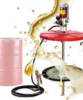 Heavy Duty Air Powered Grease Pump For 55 Gallon Drums with slick hose, metal fitting, and grease gun attachment showing lubricant flow.