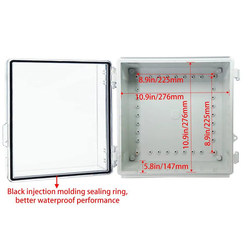 Rugged IP67 Waterproof ABS Junction Box With Hinged Clear Cover And Stainless Steel Latch, Includes 2 PG13.5 Cable Glands, Mounting Plate And Wall Bracket, Weatherproof Electrical Enclosure For Indoor Outdoor Use, 10.9in