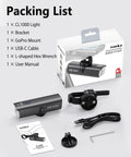 Ultra Bright Rechargeable Bike Light CL1000 for Night Rides packaging with contents including mount and USB-C cable.