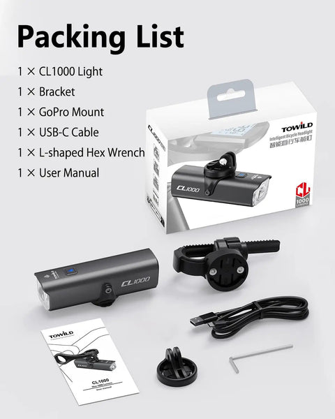 Ultra Bright Rechargeable Bike Light CL1000 for Night Rides packaging with contents including mount and USB-C cable.