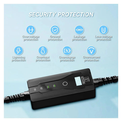 Heavy Duty Portable EV Charger With A Hella Durable IP67 Waterproof Build And Top Notch Safety Guards, showing security protection features.
