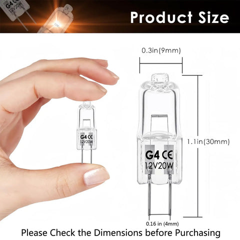 G4 Halogen Bulbs 12V 20W Dimmable Warm White 2700K JC Type 2 Pin size comparison with hand, dimensions shown
