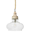 Clear Glass Shade Pendant Light With Distressed Cream Mango Wood Canopy, Rustic Yet Modern Ceiling Fixture, 14 Inch Round