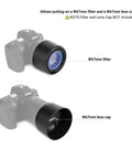Camera with reversible lens hood replacement for RF 85mm F2 Macro IS STM on EOS R series holding 67mm filter and cap