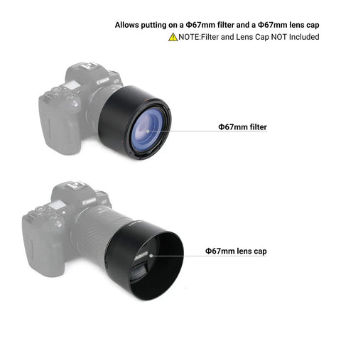 Camera with reversible lens hood replacement for RF 85mm F2 Macro IS STM on EOS R series holding 67mm filter and cap