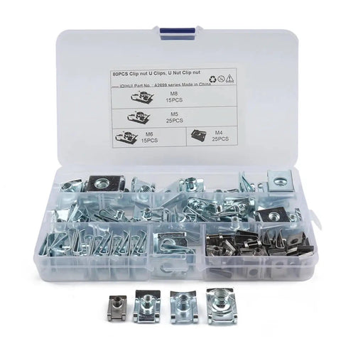Heavy Duty Stainless Steel U Nuts Assortment Kit M4 M5 M6 M8 With Speed Clips For Chimneys And Auto Fenders Elastic Buckle Design For Firm Mounting Standard Screw Match Broad Vehicle Compatibility, open case
