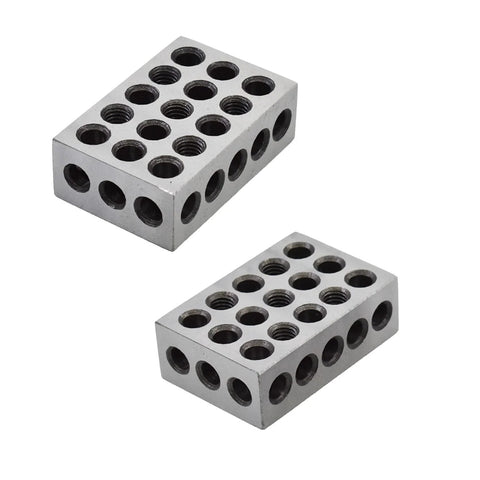 Two 1 x 2 x 3 in hardened steel machinist setup blocks with 23 holes, matched pair
