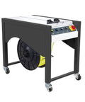 Top Shelf Semi-Automatic Table Top Strapping Machine Kit With 1/2 Inch By 9900 Feet White PP Polypropylene Strapping Roll side view with wheels.