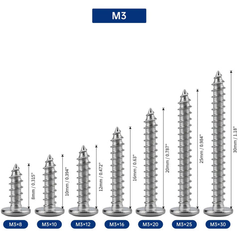 Dang Tough 100 Pack M3 X 20mm Flat Head Self Tapping Sheet Metal Screws, sizes M3x8 to M3x30 displayed vertically.