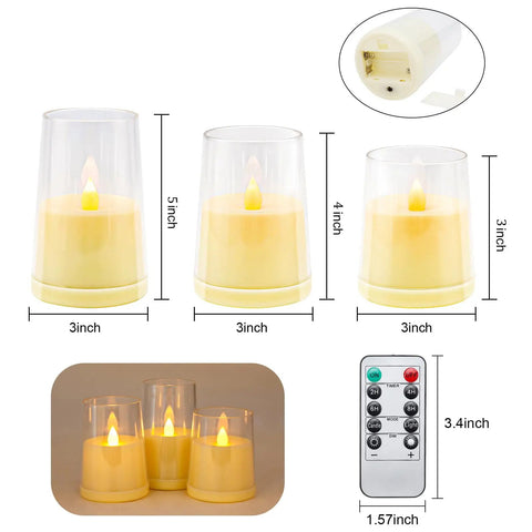 Ivory Flameless Taper Candles With Remote And Timer, Battery Operated LED Candles in 3, 4, 5 inch sizes with remote control shown.