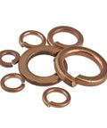 Brass Spring Lock Washers For M3 To M12 Fasteners, split lock gasket in various sizes on a white background