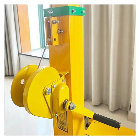 Close-up of Heavy Aluminum Telescopic Winch Mast with Manual Hand Crank showing pulleys and crank handle for camera rigs.