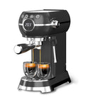 Compact Espresso Machine With 20 Bar Pressure And Built In Milk Frother, Features A Smart Digital Panel With Dead Simple One Touch Controls, Fast Heat Up Home Coffee Maker serving fresh espresso shots.