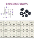 Dimensions chart and pieces of 100 Piece Silicone T Type Rubber Grommet Kit Six Sizes Three Sixteenth Inch One Quarter Inch Five Sixteenth Inch