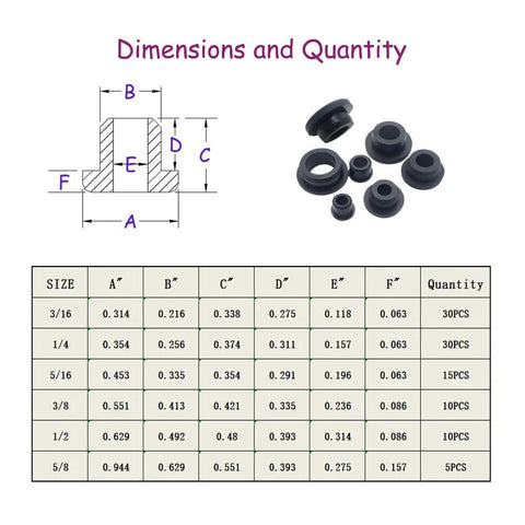 Dimensions chart and pieces of 100 Piece Silicone T Type Rubber Grommet Kit Six Sizes Three Sixteenth Inch One Quarter Inch Five Sixteenth Inch