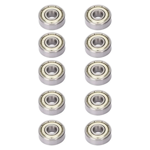 Deep Grooves Ball Bearing Kit, 10 Pack, High Speed Steel Bearings For Motors And Appliances, 6x17x6mm, Ultra Reliable, Low Friction, Smooth Operation, A True Workhorse For Makers And Pros. Ten sealed 6x17x6mm bearings arranged on a white background.