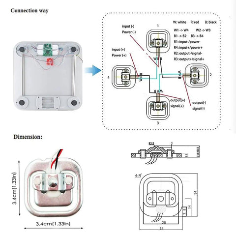 50kg Load Cell Sensor Kit With Half Bridge Strain Gauge And HX711 ADC Amplifier DIY Weight Scale Module Arduino Compatible Pro Grade Weighing Sensor For Your Next Project wiring diagram and 3.4cm load cell dimensions