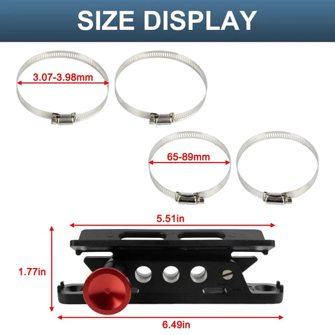 Size display of Quick Release Fire Extinguisher Mount Kit Universal For Off Road Vehicles with clamps and dimensions shown.